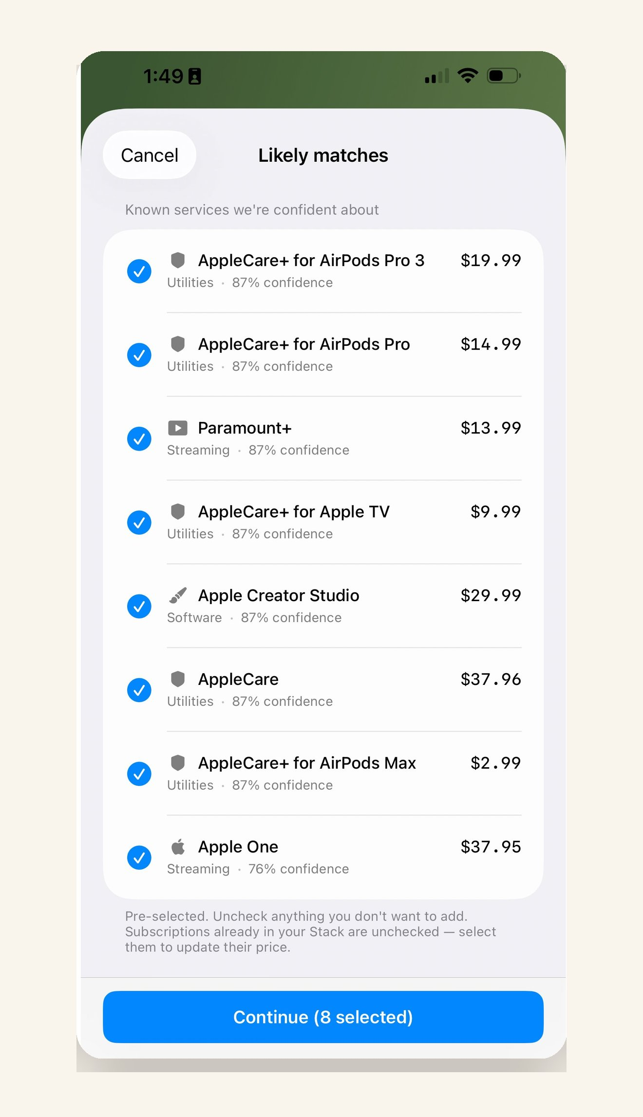 The scan-a-receipt screen, showing Likely matches with checkboxes next to each detected subscription.