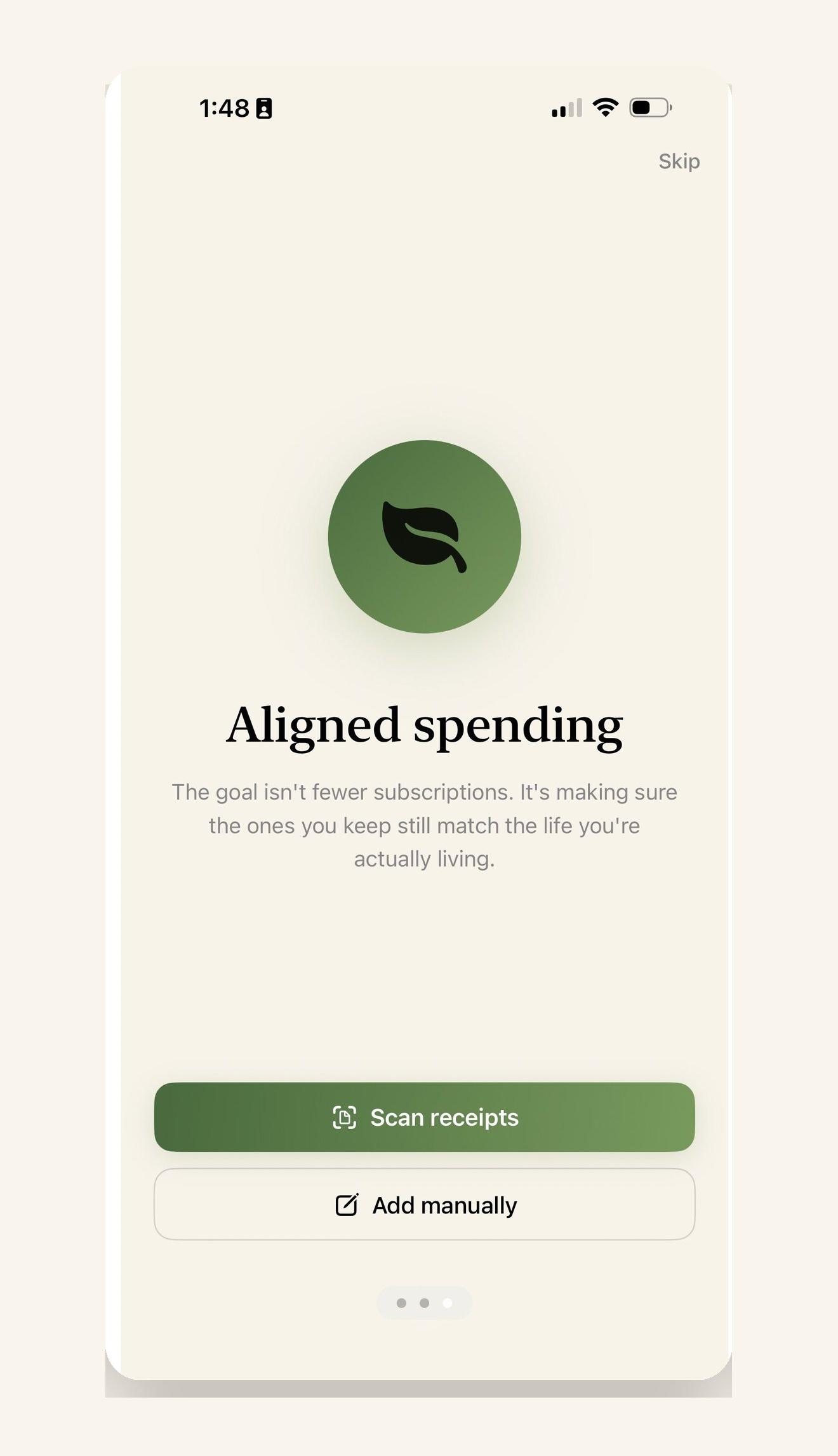 The Winnowed onboarding Aligned Spending screen with a sage leaf icon.