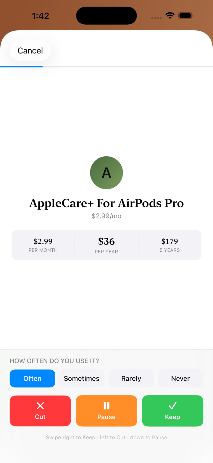 The Review screen, showing one subscription at a time with Keep, Pause, and Cut options.