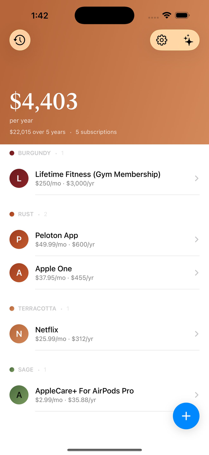 The Stack screen, showing $4,403 annual and subscriptions grouped by cost tier.
